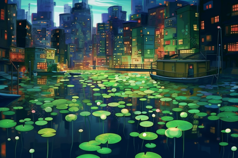 夏天月色下的池塘荷叶风景插画背景,插画/手绘图,插画/手绘图库,插画/手绘图下载,插画/手绘